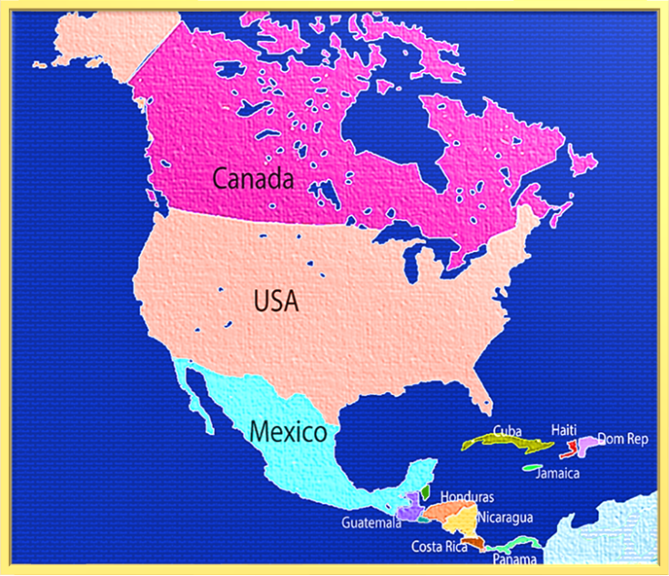 Map of the North America region, with countries