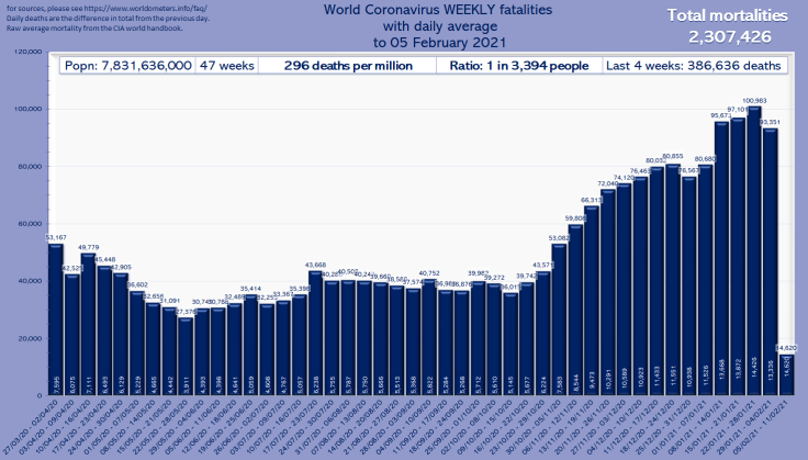 "Chart: World Coronavirus WEEKLY fatalities with daily average to 05 February 2021." Popn: 7,831,636,000. "Total mortalities 2,307,426." 47 weeks; 296 deaths per million; Ratio: 1 in 3,394 people; Raw avg mortality +5%. Please read the post. Weekly Covid deaths as follows: 27/03/20 - 02/04/20: 53,167; 03/04/20 - 09/04/20: 42,525; 10/04/20 - 16/04/20: 49,779; 17/04/20 - 23/04/20: 45,448; 24/04/20 - 30/04/20: 42,905; 01/05/20 - 07/05/20: 36,602; 08/05/20 - 14/05/20: 32,656; 15/05/20 - 21/05/20: 31,091; 22/05/20 - 28/05/20: 27,376; 29/05/20 - 04/06/20: 30,749; 05/06/20 - 11/06/20: 30,788; 12/06/20 - 18/06/20: 32,489; 19/06/20 - 25/06/20: 35,414; 26/06/20 - 02/07/20: 32,253; 03/07/20 - 09/07/20: 33,367; 10/07/20 - 16/07/20: 35,398; 17/07/20 - 23/07/20: 43,668; 24/07/20 - 30/07/20: 40,288; 31/07/20 - 06/08/20: 40,508; 07/08/20 - 13/08/20: 40,247; 14/08/20 - 20/08/20: 39,660; 21/08/20 - 27/08/20: 38,588; 28/08/20 - 03/09/20: 37,574; 04/09/20 - 10/09/20: 40,752; 11/09/20 - 17/09/20: 36,988; 18/09/20 - 24/09/20: 36,876; 25/09/20 - 01/10/20: 39,982; 02/10/20 - 08/10/20: 39,272; 09/10/20 - 15/10/20: 36,015; 16/10/20 - 22/10/20: 39,742; 23/10/20 - 29/10/20: 43,571; 30/10/20 - 05/11/20: 53,082; 06/11/20 - 12/11/20: 59,808; 13/11/20 - 19/11/20: 66,313; 20/11/20 - 26/11/20: 72,040; 27/11/20 - 03/12/20: 74,120; 04/12/20 - 10/12/20: 76,463; 11/12/20 - 17/12/20: 80,032; 18/12/20 - 24/12/20: 80,855; 25/12/20 - 31/12/20: 76,567; 01/01/21 - 07/01/21: 80,680; 08/01/21 - 14/01/21: 95,673; 15/01/21 - 21/01/21: 97,101; 22/01/21 - 28/01/21: 100,983; 29/01/21 - 04/02/21: 93,351.